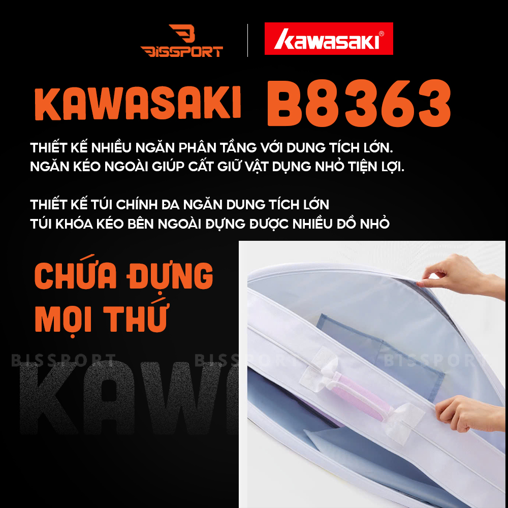Túi Cầu Lông Kawasaki B8363 Chính Hãng - Nâu - Túi 2 Ngăn - Vải Chống Thấm Nước - Khóa Kéo Siêu Bền - Tiện Lợi - Nhẹ